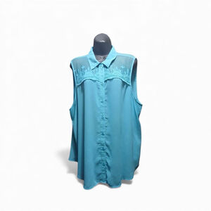 Torrid Women's 3X Sleeveless Mesh Yoke Button-Up Blouse Aqua Blue (JC254)
